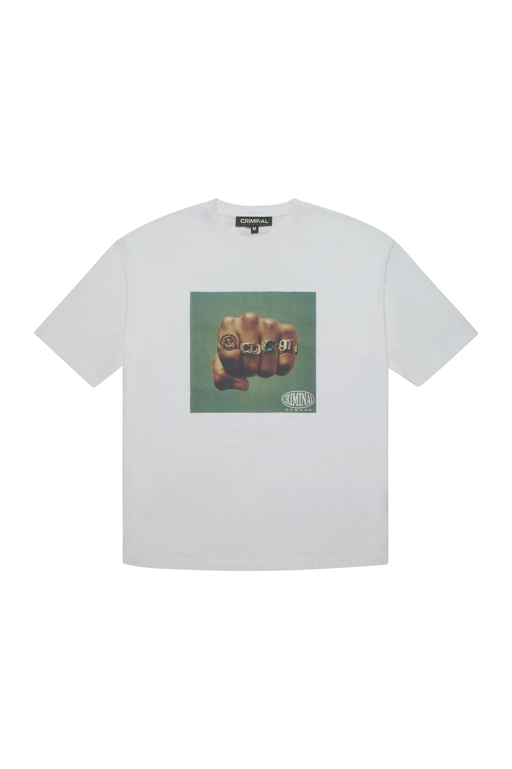 White Criminal Damage t-shirt with a graphic design on a white background