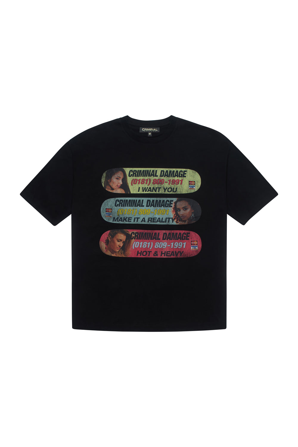 Criminal Damage t-shirt with graphic on white background