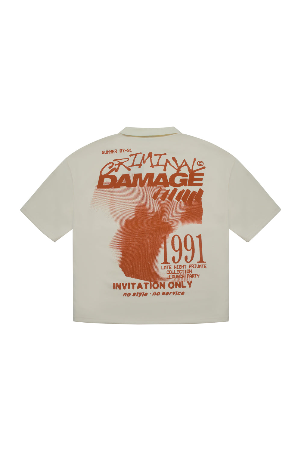 Criminal Damage shirt with large graphic on white background