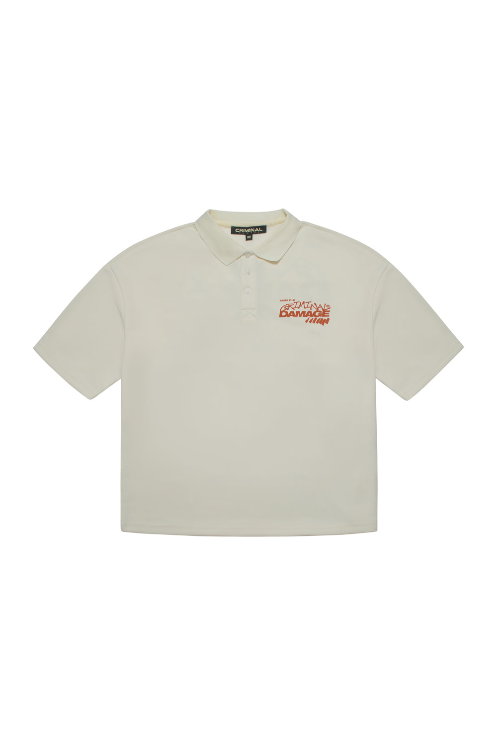 Criminal Damage polo shirt with orange branding on white background