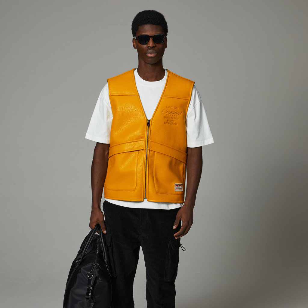 Yellow vest with a brand logo on a white background