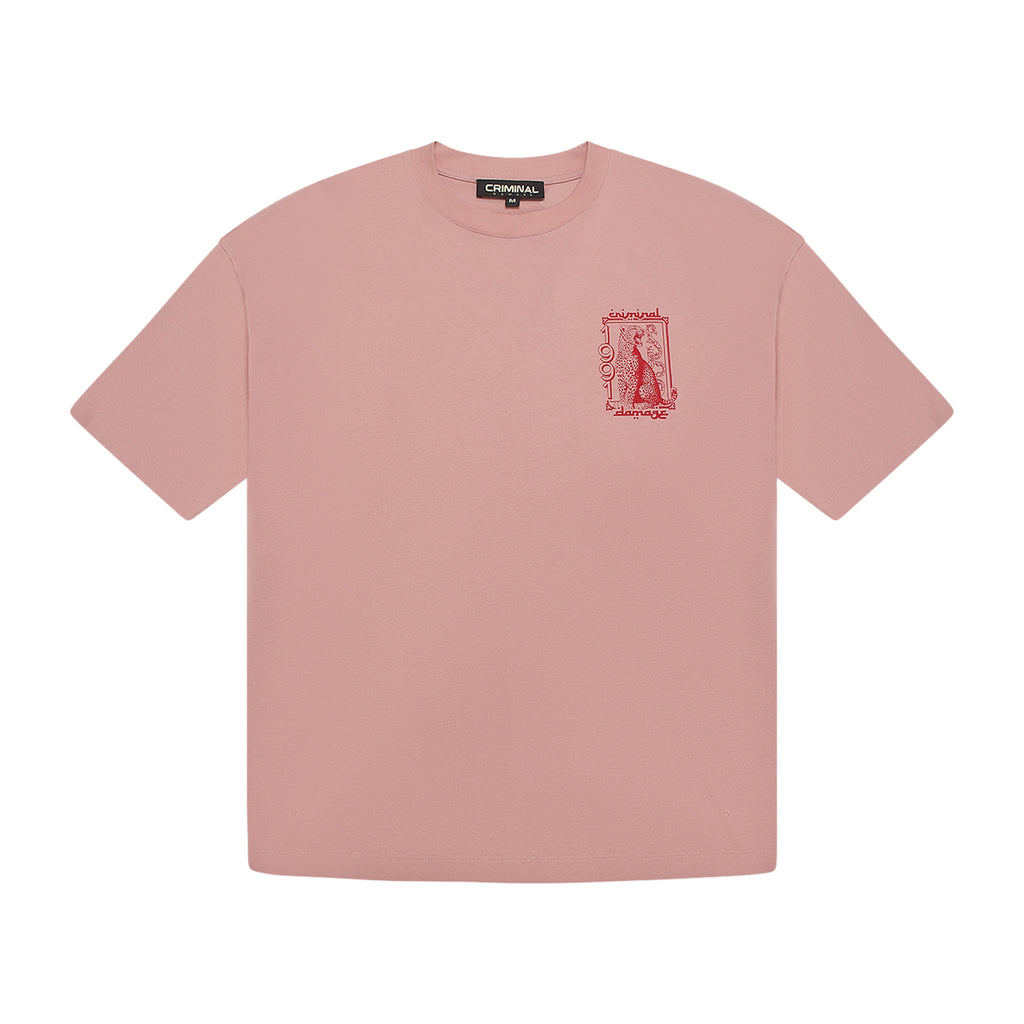Pink t-shirt with a red graphic on a white background