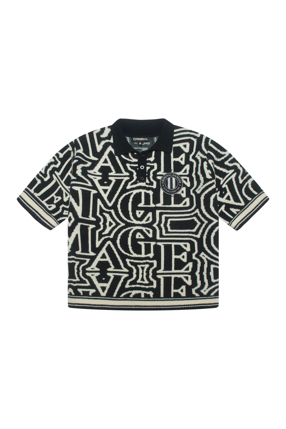 Black and white patterned shirt with brand logo on a white background