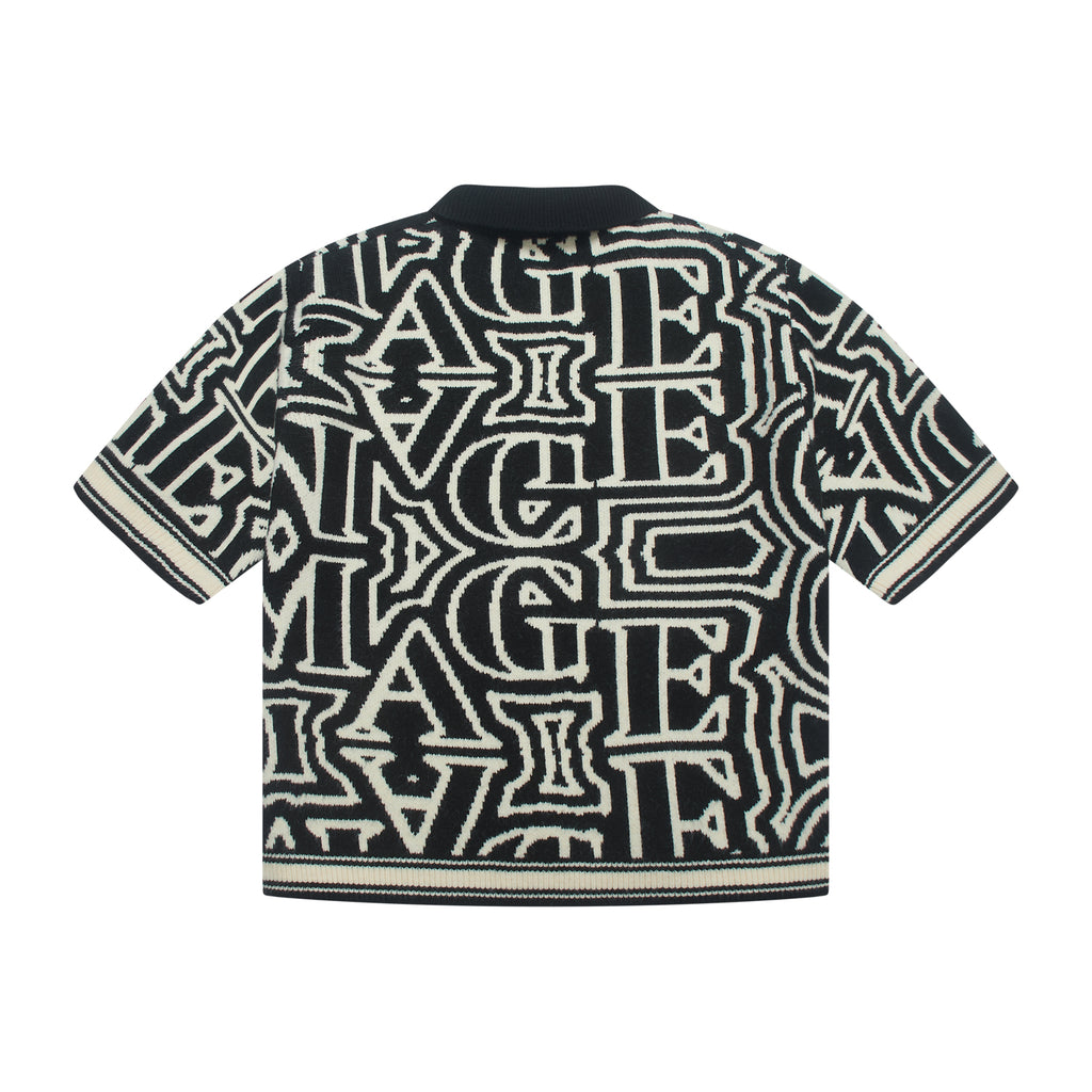 Black and white patterned shirt with 'AGE' text on a white background