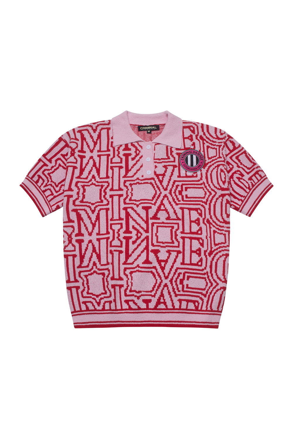 Criminal Damage red shirt with graphic print on white background