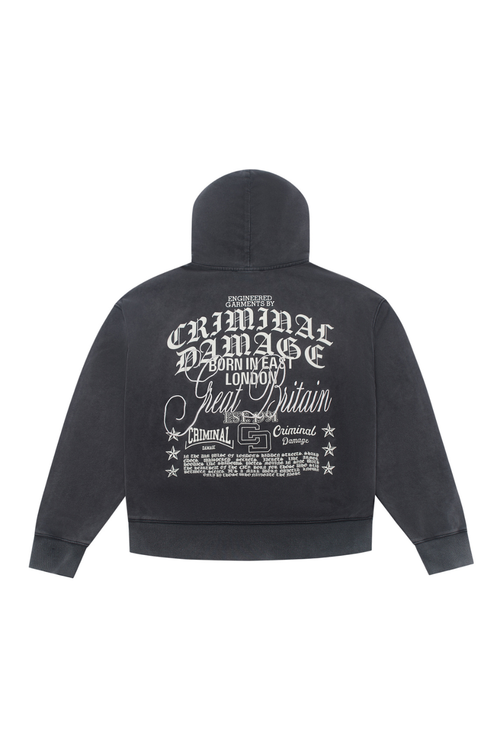 Black Criminal Damage hoodie with white text on the back on a white background