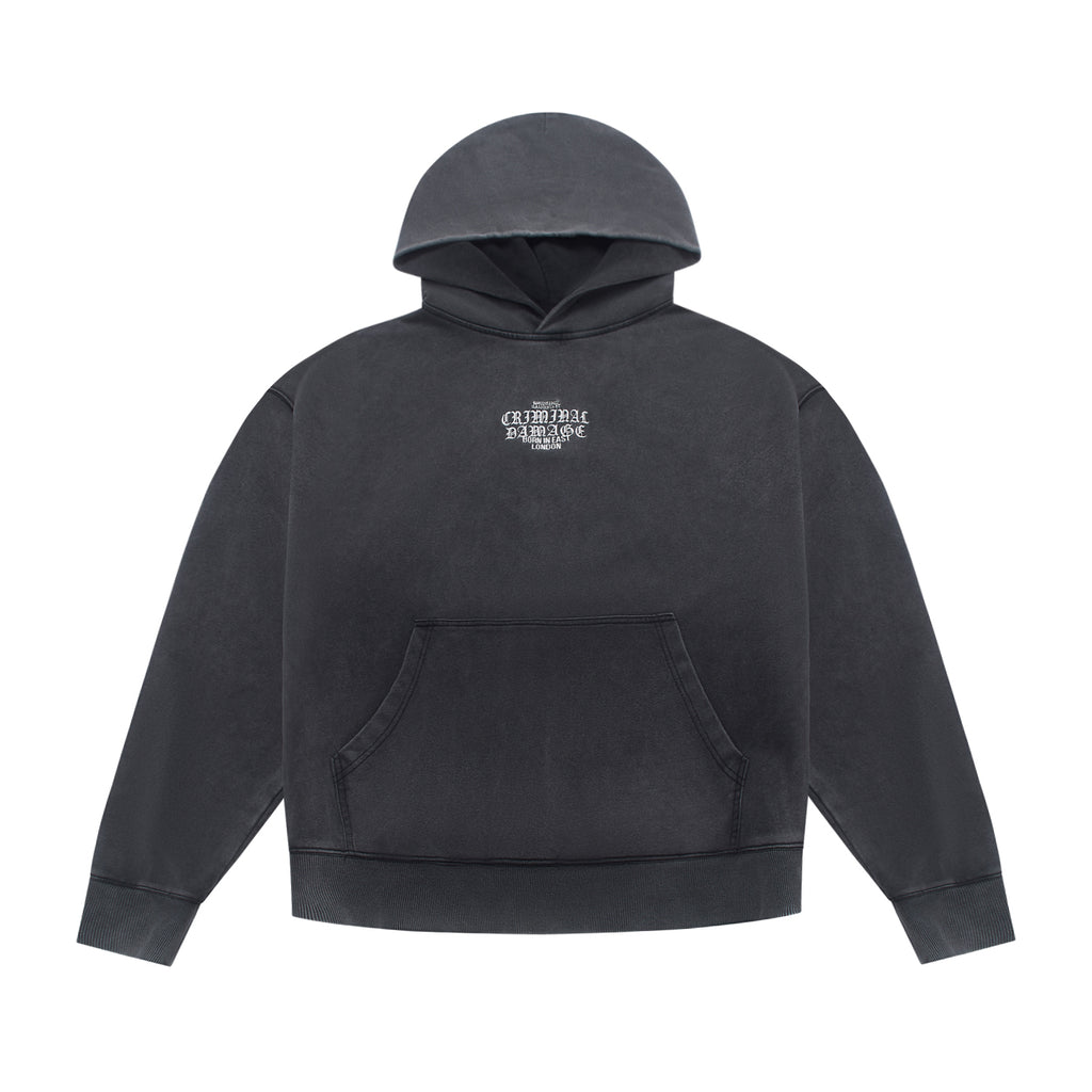 Black Criminal Damage hoodie with a logo on the chest against a white background