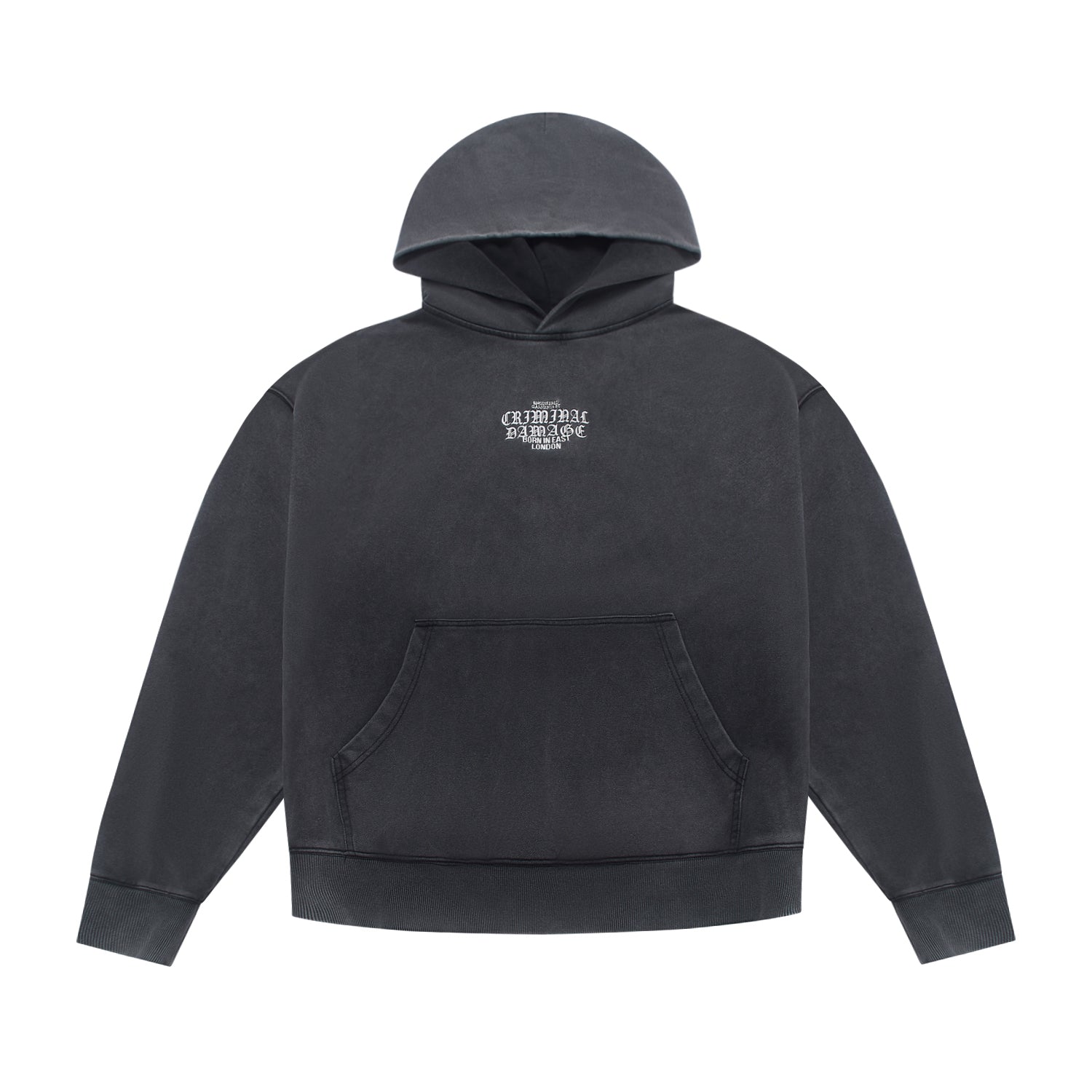 Black Criminal Damage hoodie with a logo on the chest against a white background