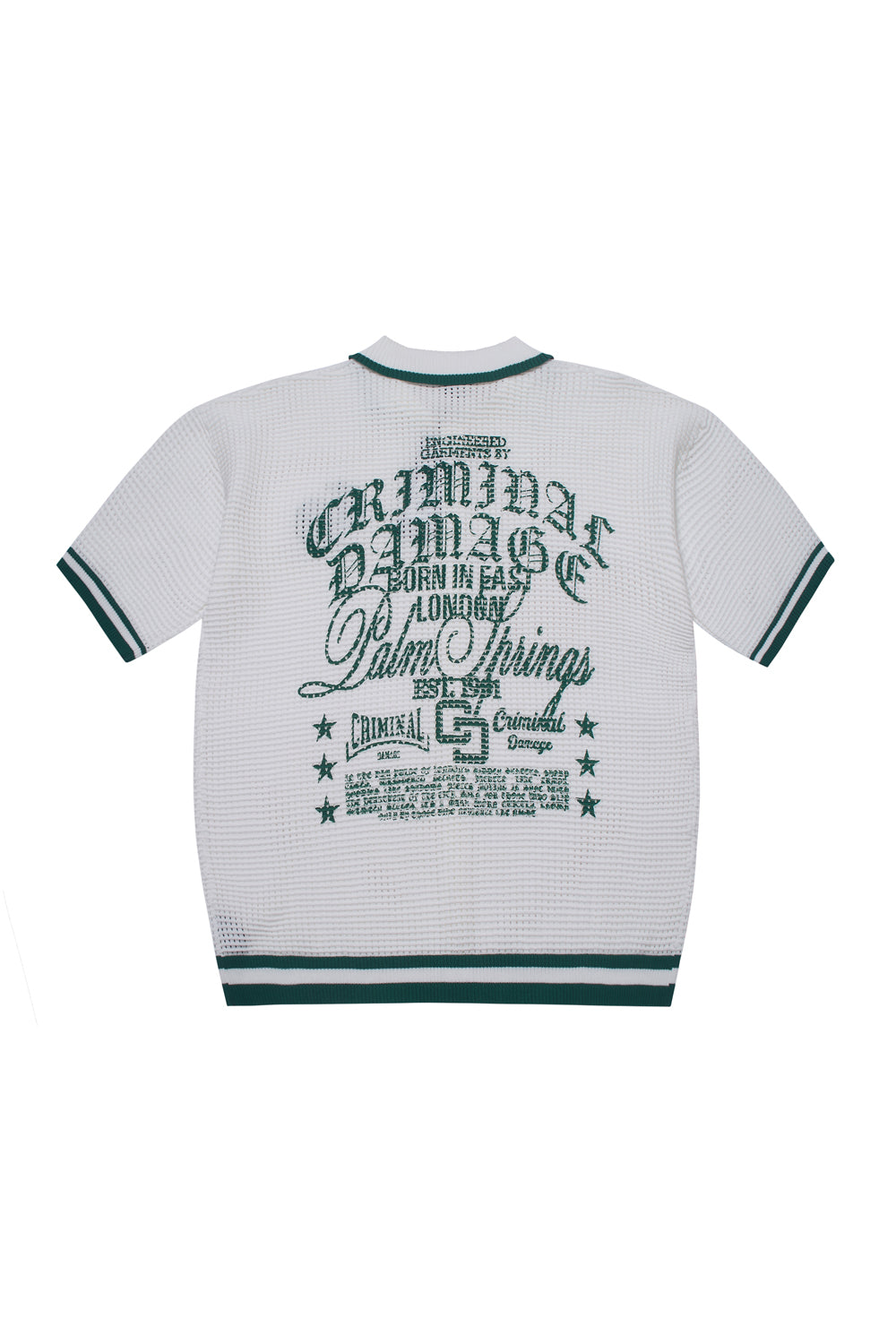 Back of Criminal Damage knitted button up shirt with large embroider on white background