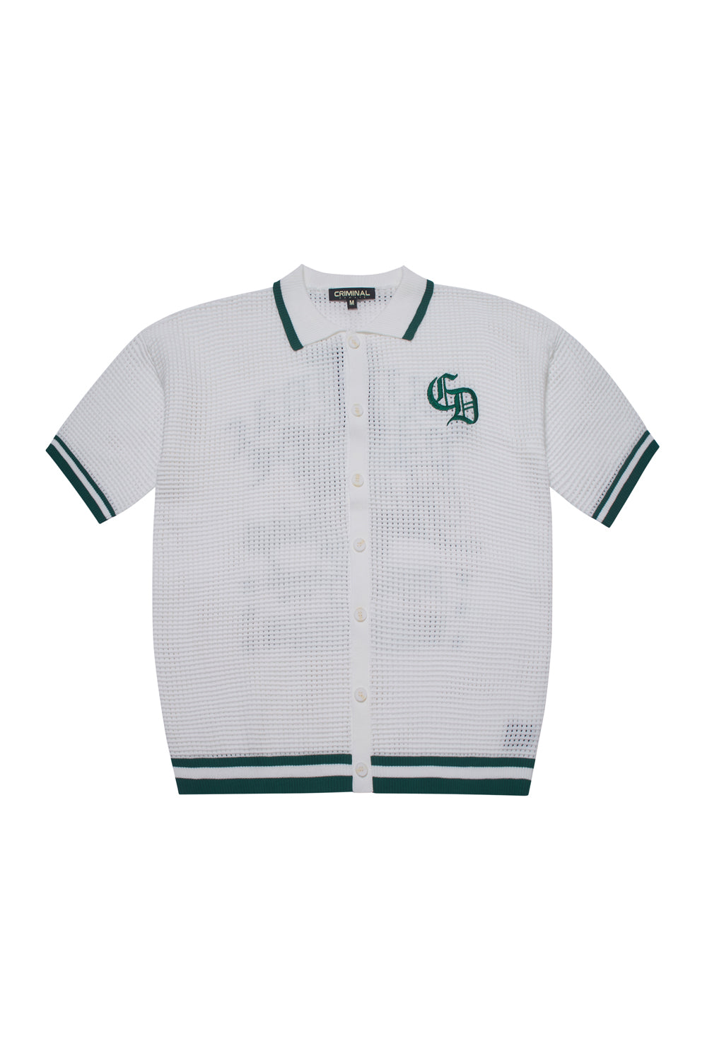 Criminal Damage knitted button up shirt on a white background