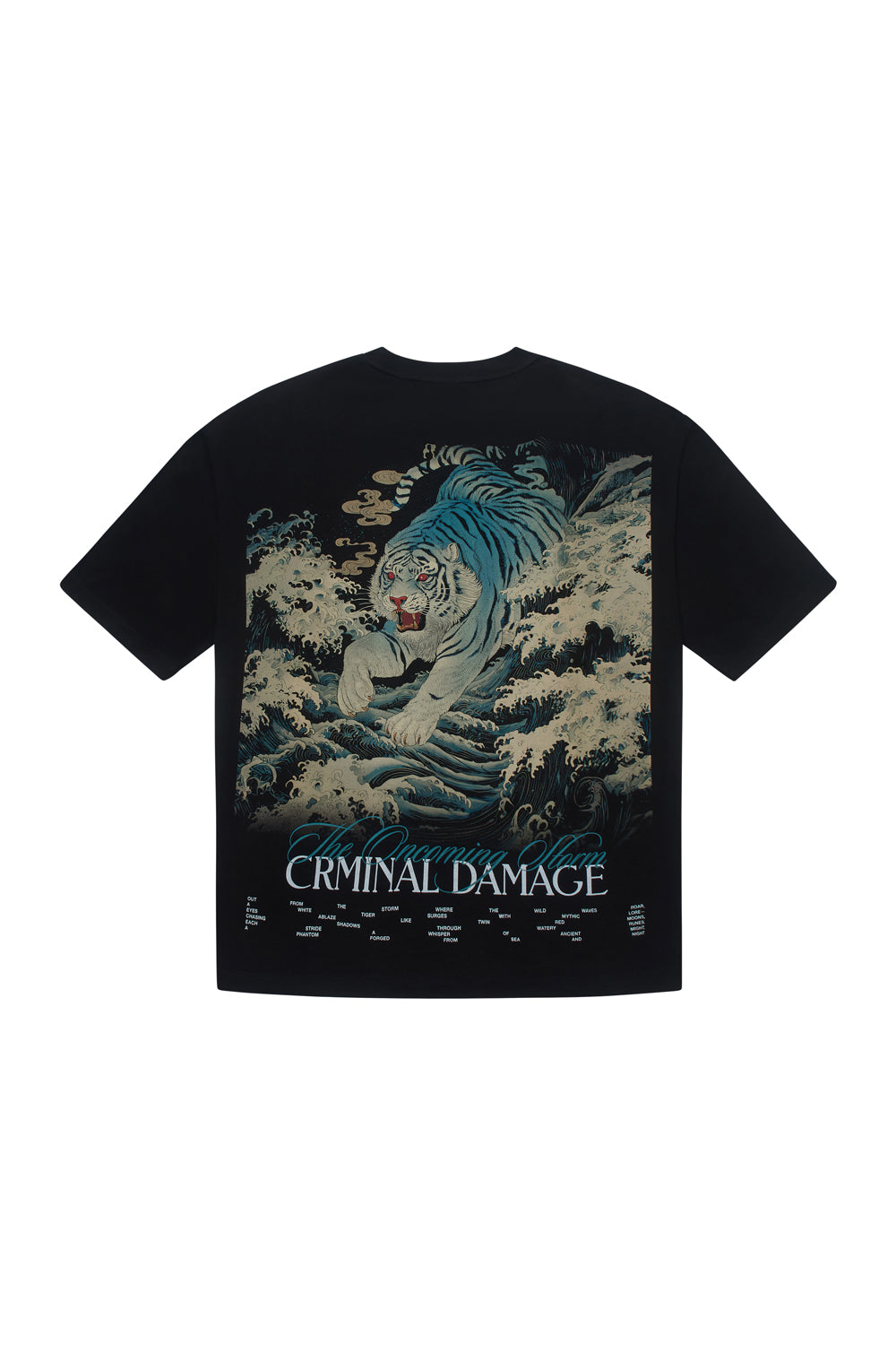 Criminal Damage t-shirt with tiger graphic on white background