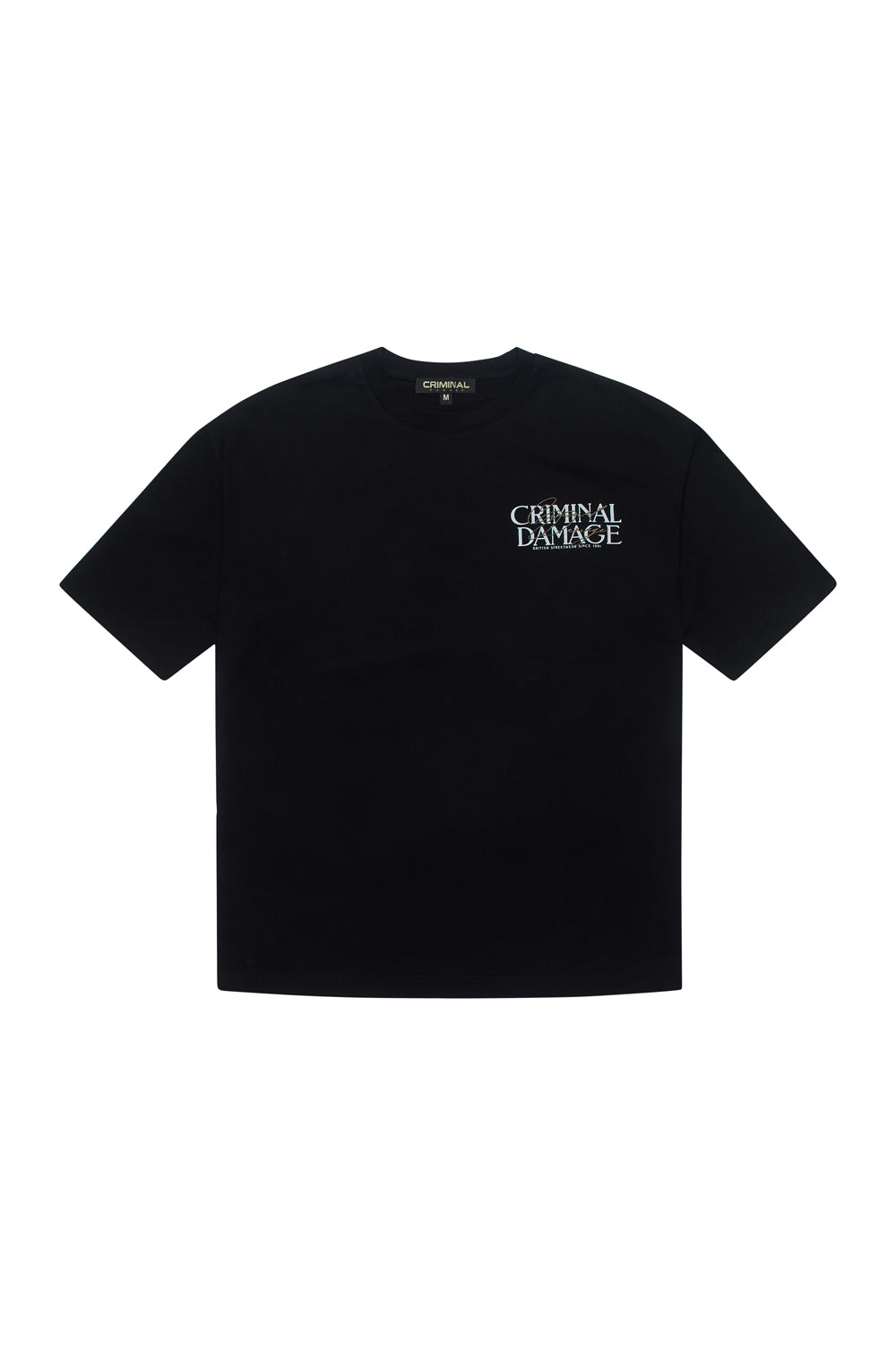 Black Criminal Damage t-shirt with branding on white background