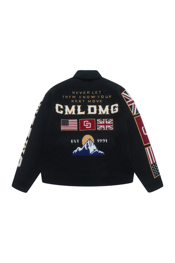 Black Criminal Damage jacket with text and flags on a white background