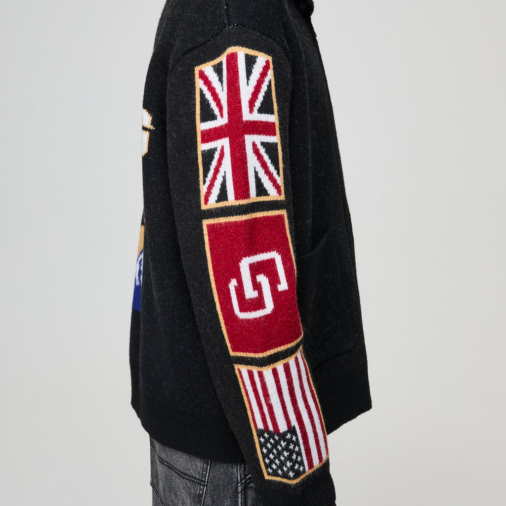 Black Criminal Damage jacket with embroidered designs 