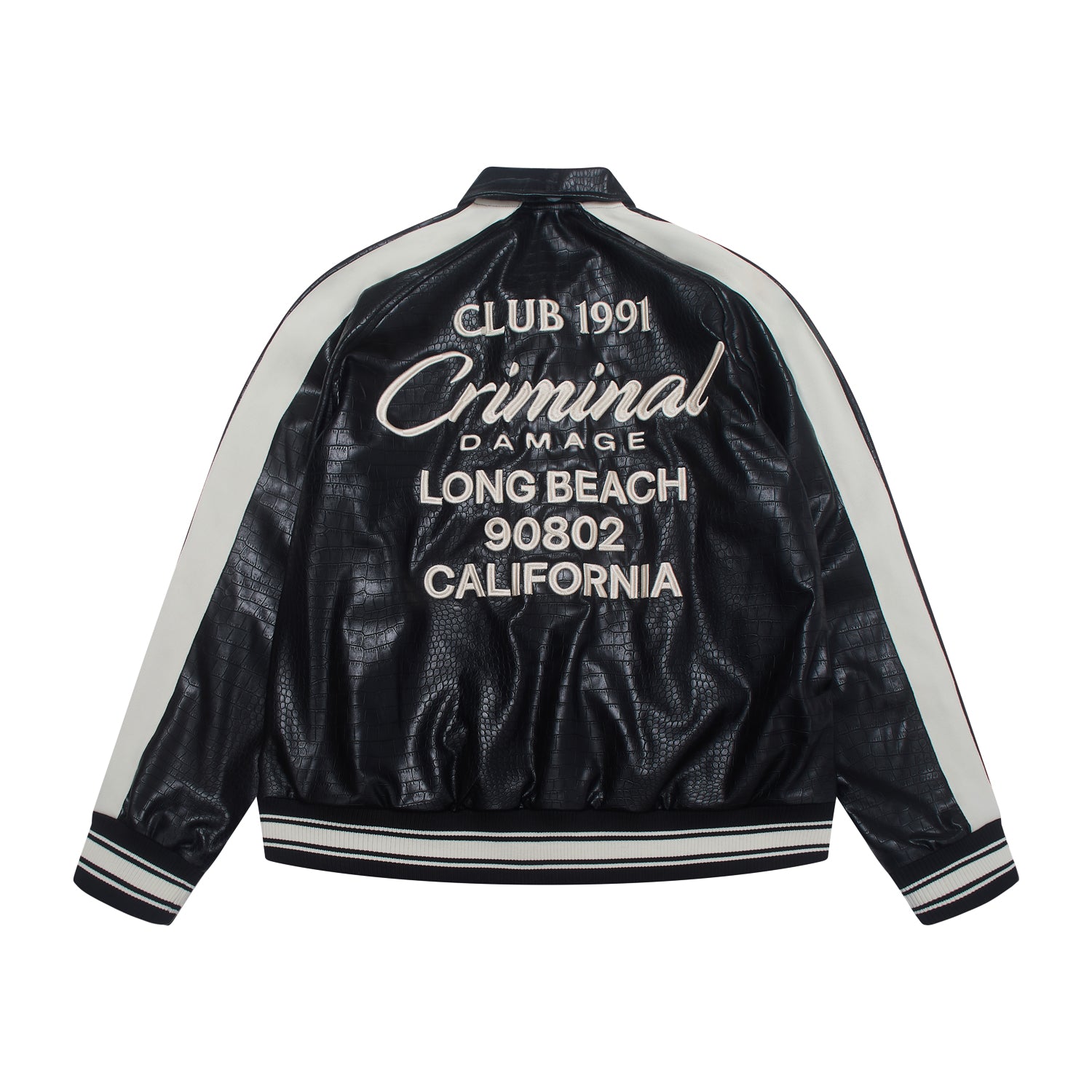 Black leather jacket with white text on a white background