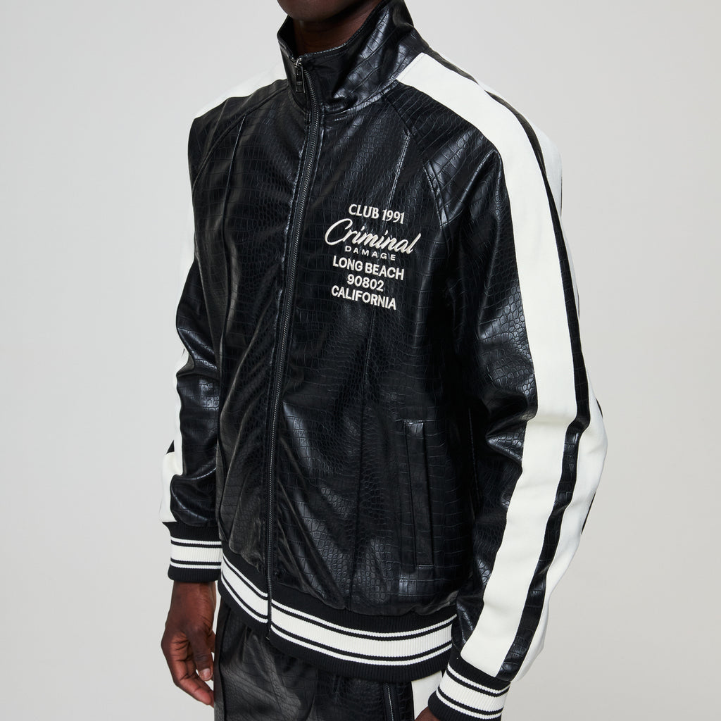 Black leather jacket with white text and accents on a gray background