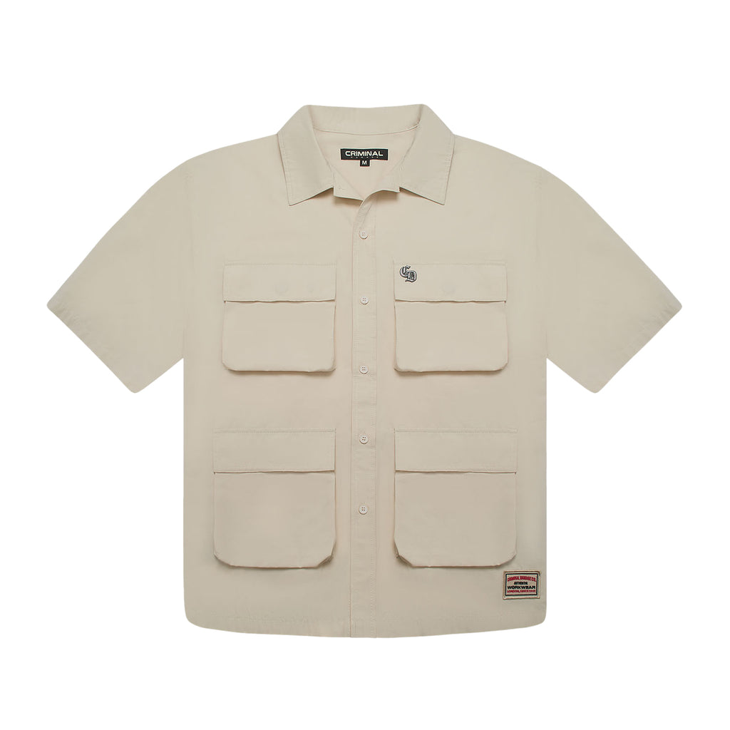 Beige short-sleeve shirt with multiple pockets on a white background