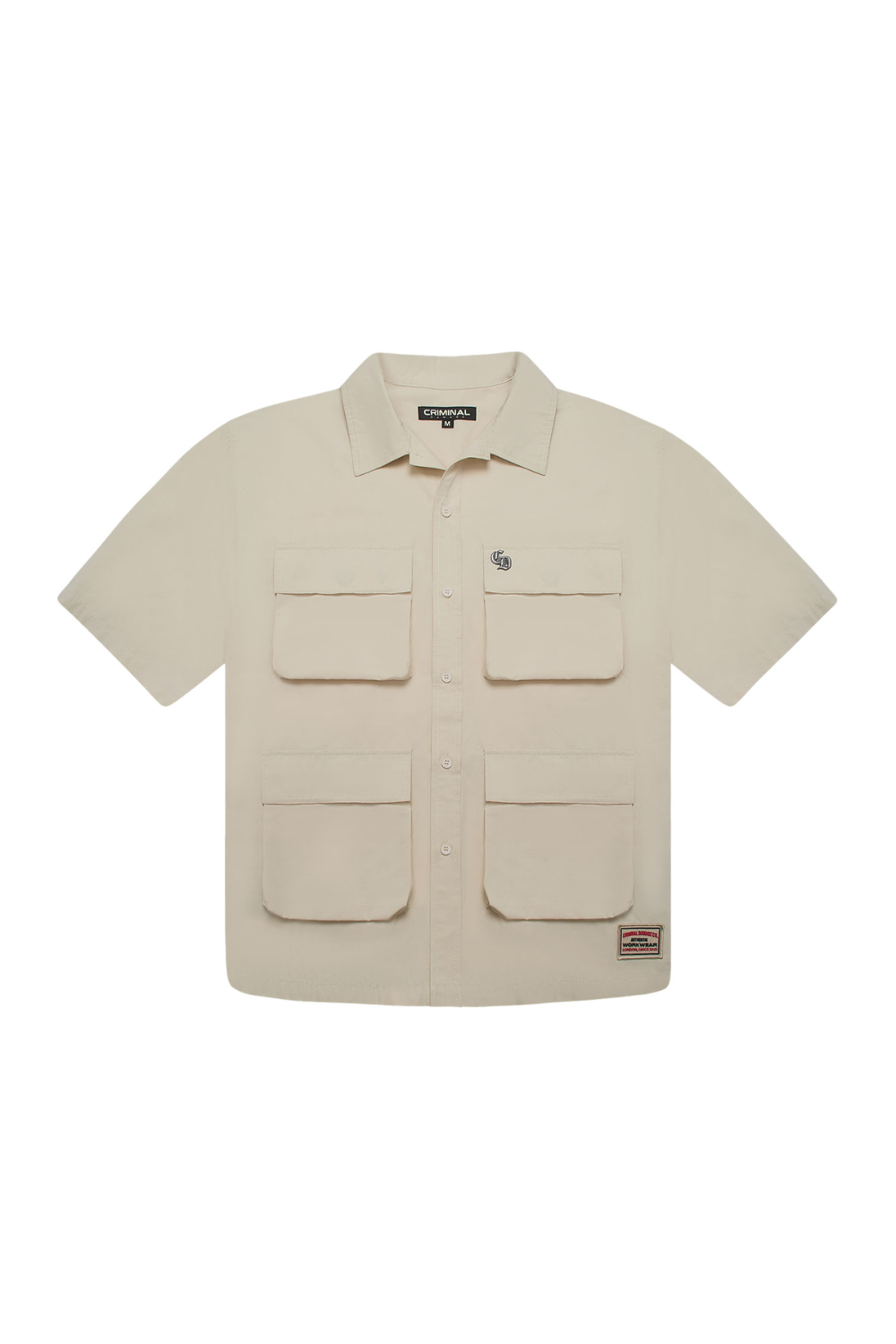 Beige short-sleeve shirt with multiple pockets on a white background