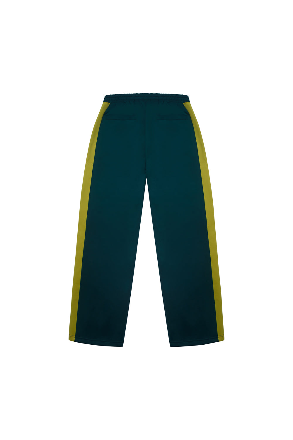 Criminal Damage green pants with yellow stripes on a white background