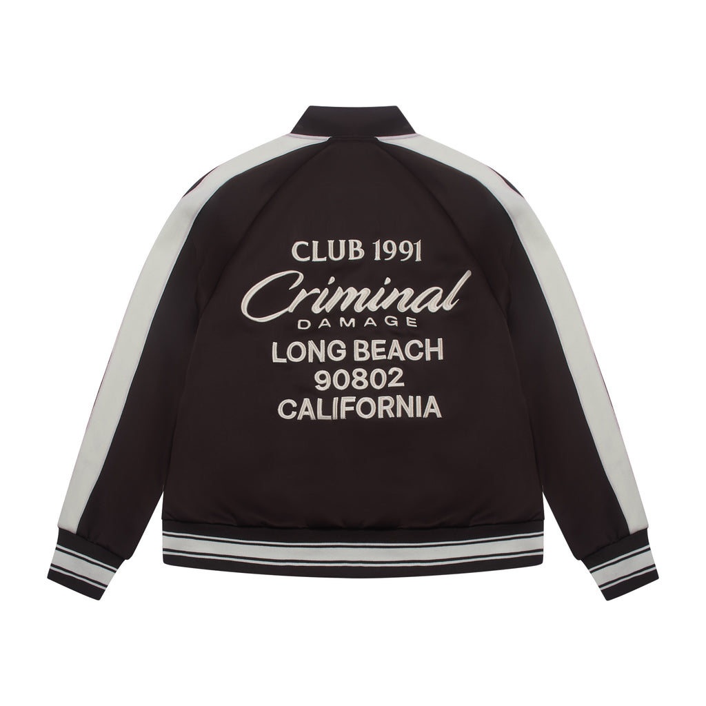 Black jacket with white text on a white background
