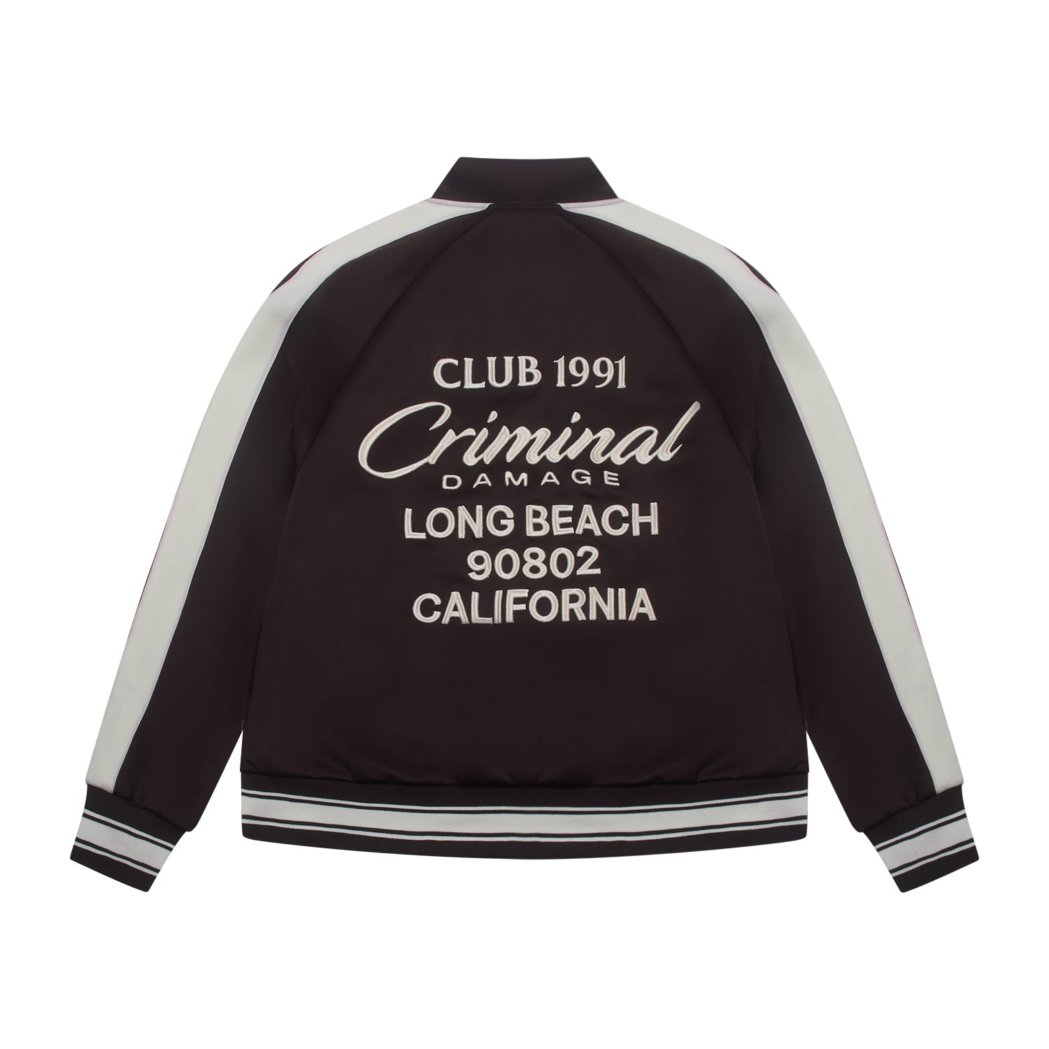 Black jacket with white text on a white background