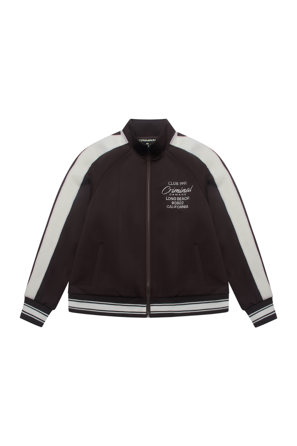 Black jacket with white accents and text on a white background