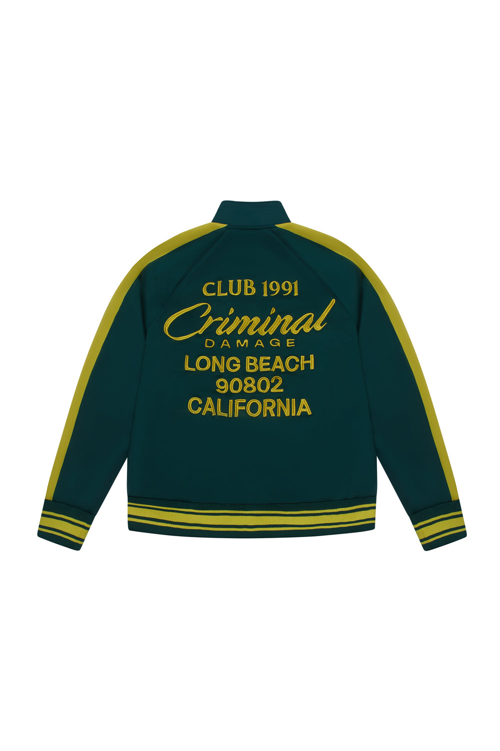 Criminal Damage green jacket with yellow accents and text on a white background