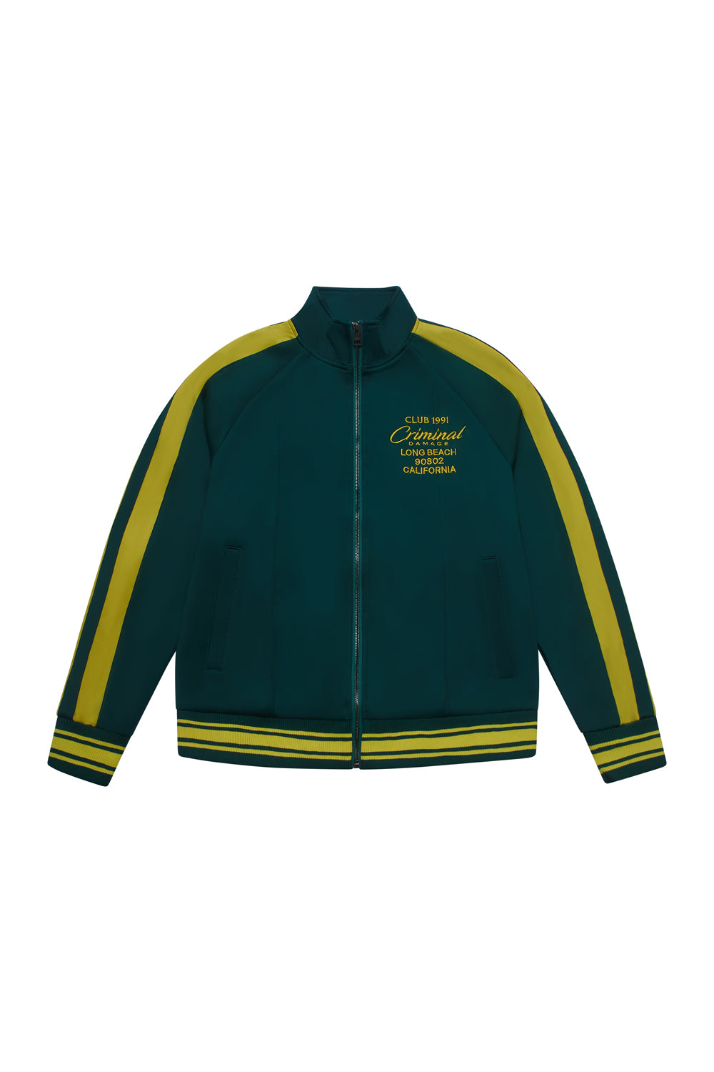 Criminal Damage green track jacket with yellow accents on a white background