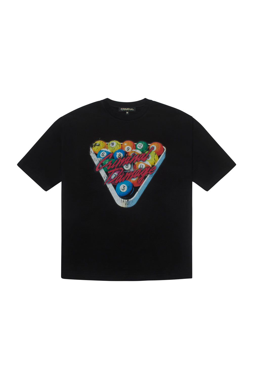 Criminal Damage shirt with pool balls graphic on white background