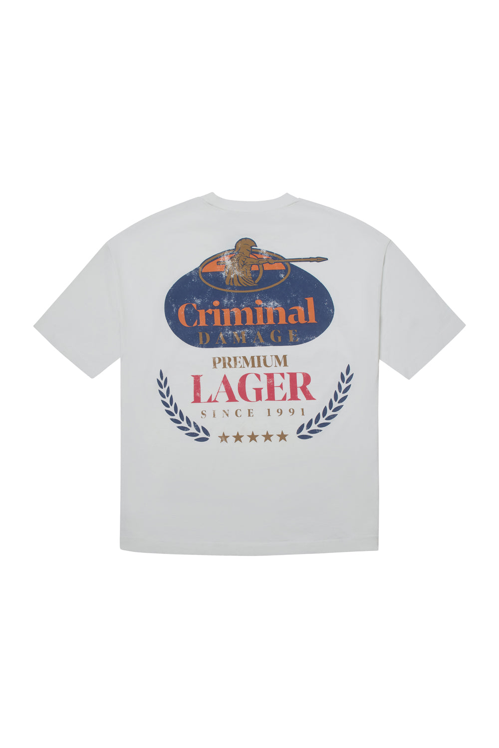 Criminal Damage t-shirt with large beer graphic on white background