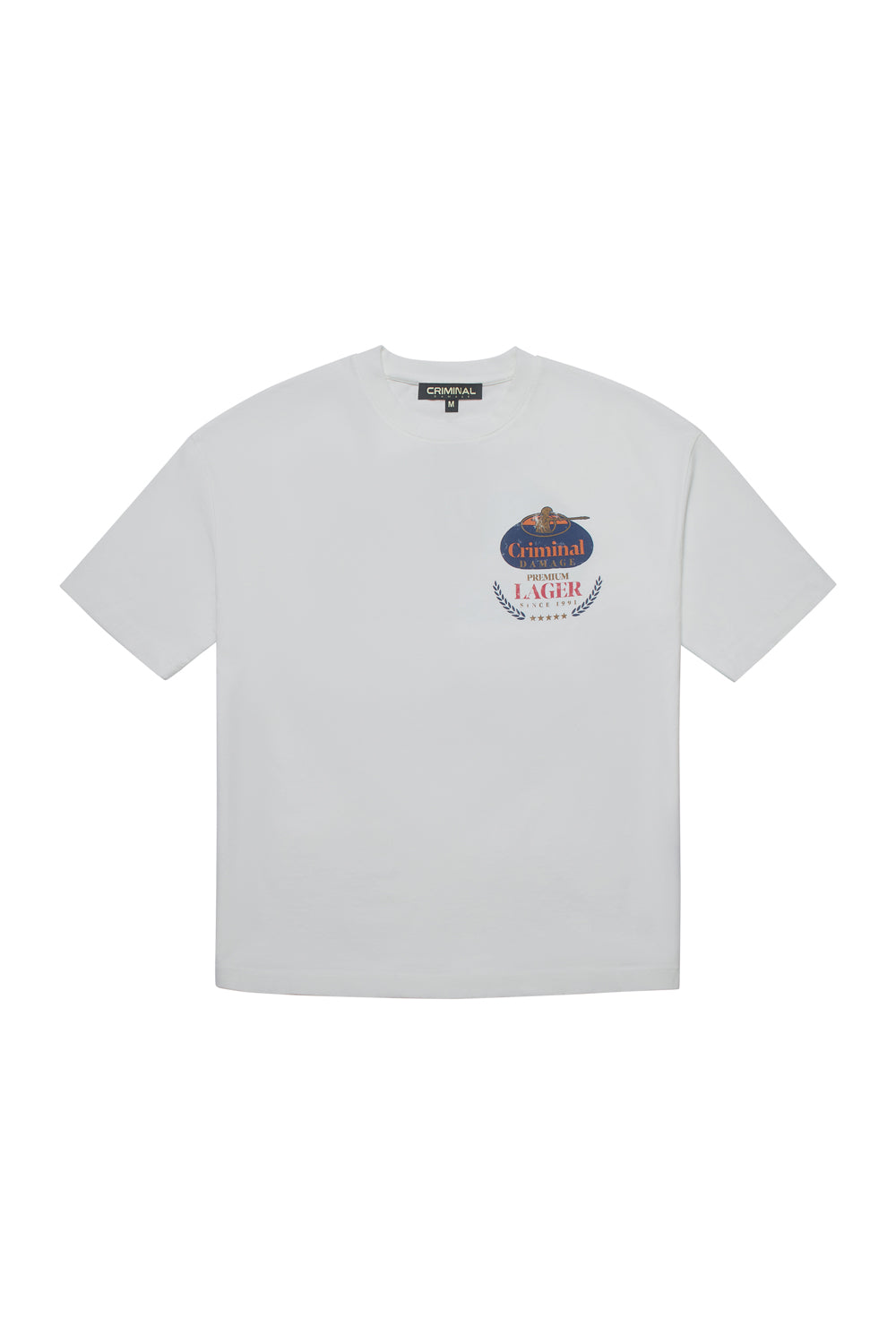 Criminal Damage t-shirt with small branding in top corner on white background 