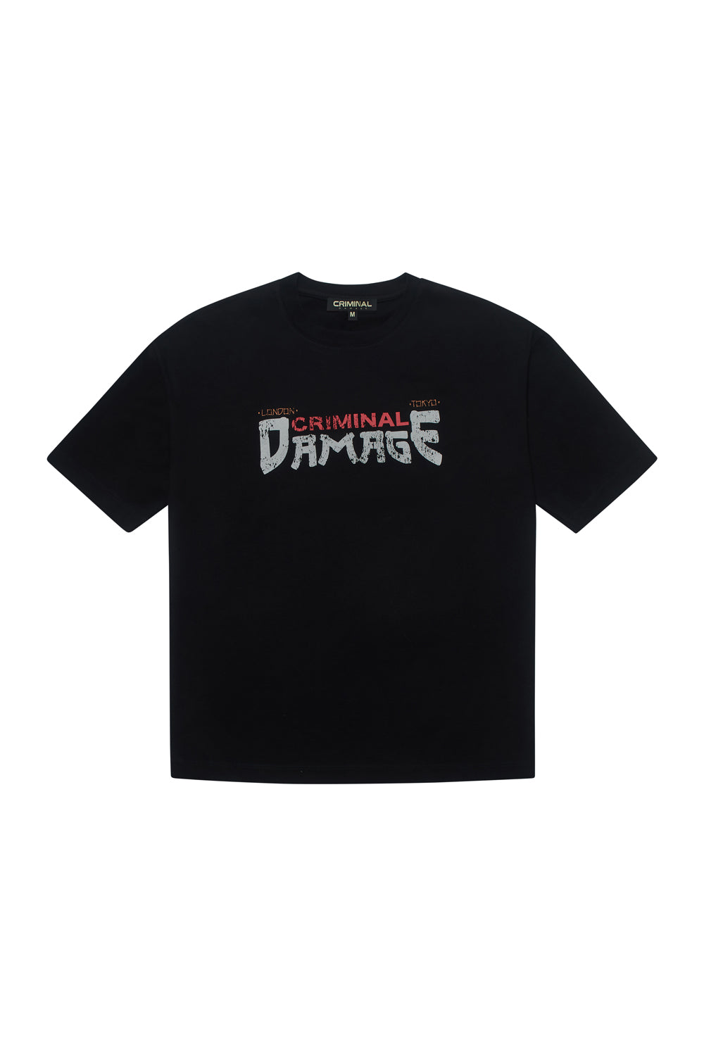 Criminal Damage t-shirt with branding graphic on white background