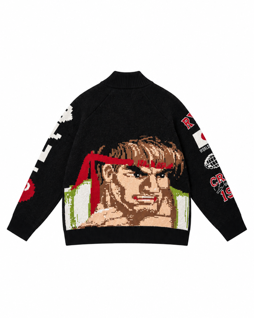 A black knit Criminal Damage x Street Fighter sweater featuring a large pixelated graphic of Street Fighter's Chun-Li on the front, with white and red graphics on the sleeves, shown against a plain white background.