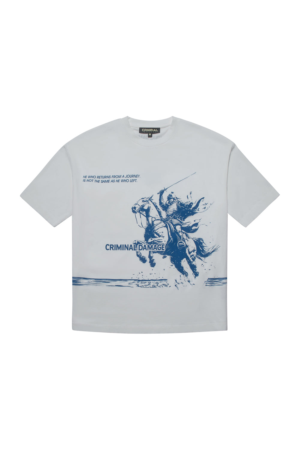 Criminal Damage t-shirt with horse and knight print on white background