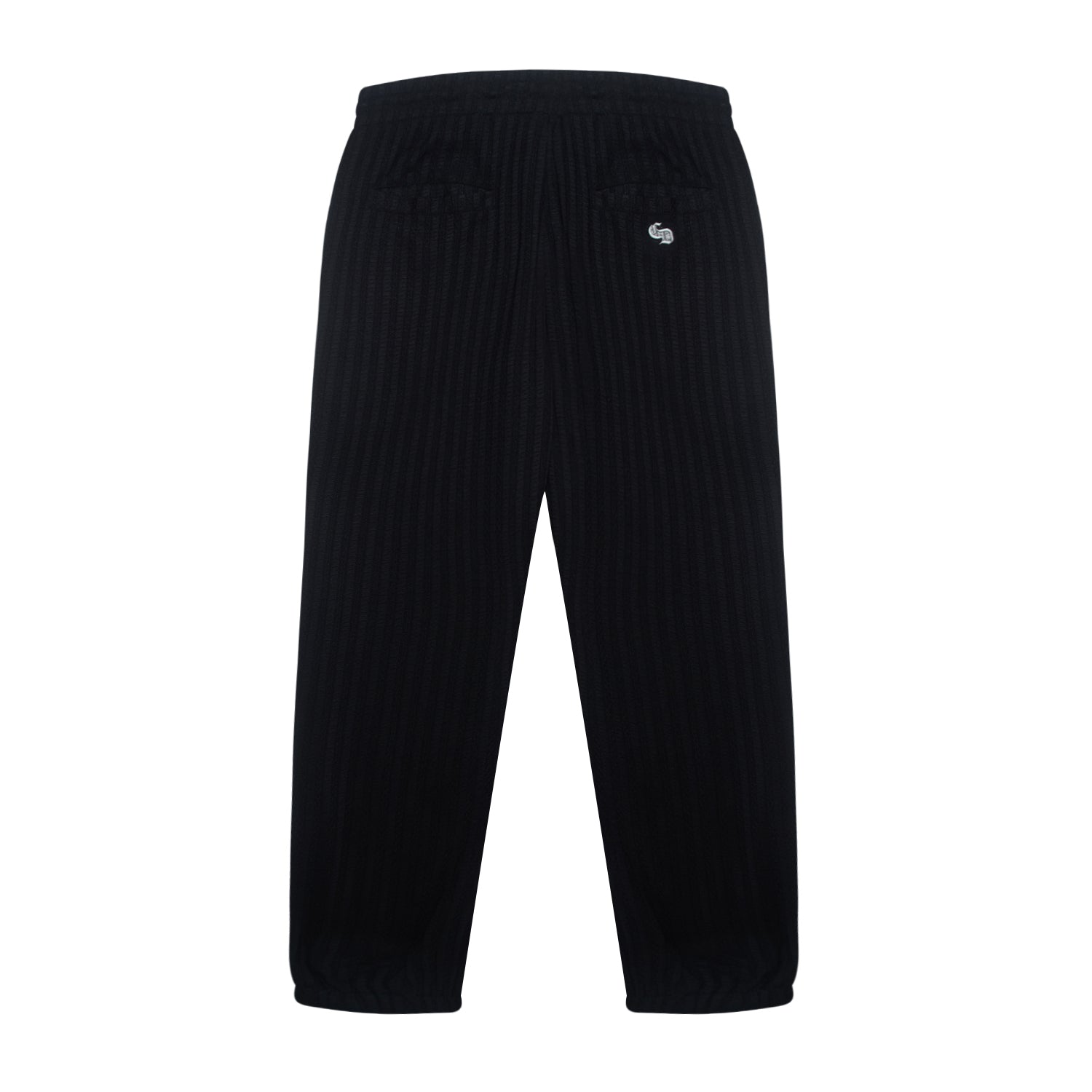 Black pants with a small logo on a white background