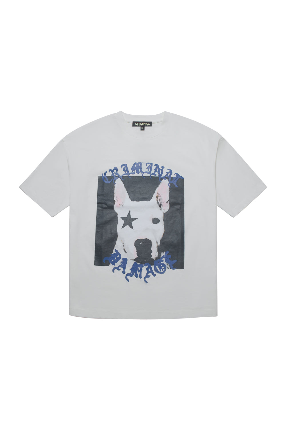 Criminal Damage dog graphic t-shirt on white background