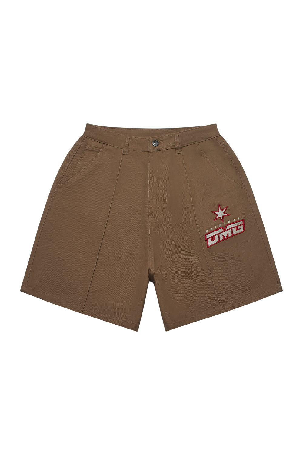 Criminal Damage brown shorts with embroidered patch on white background