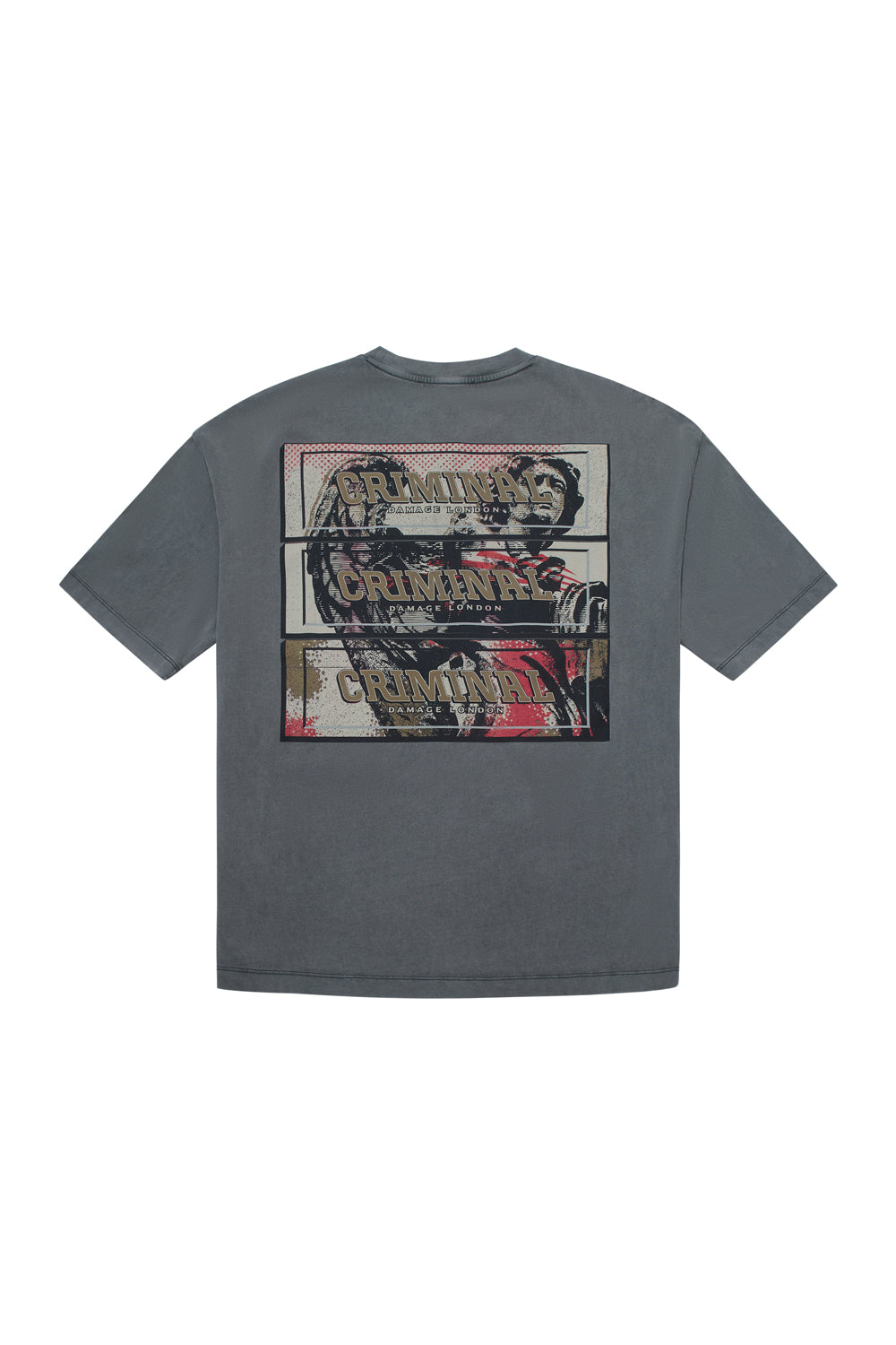 Criminal Damage t-shirt with large graphic on white background