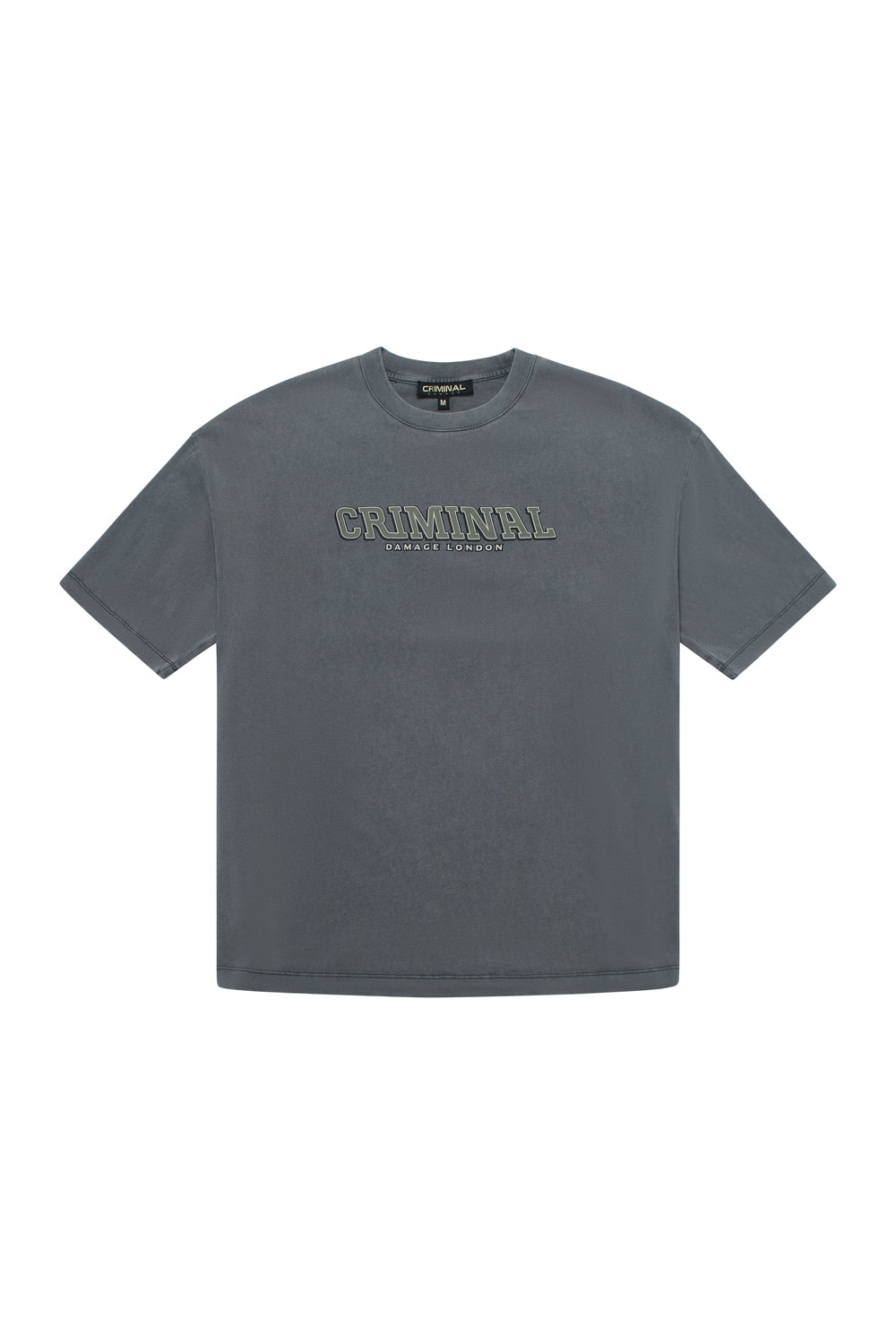 Criminal Damage t-shirt with written branding on white background 