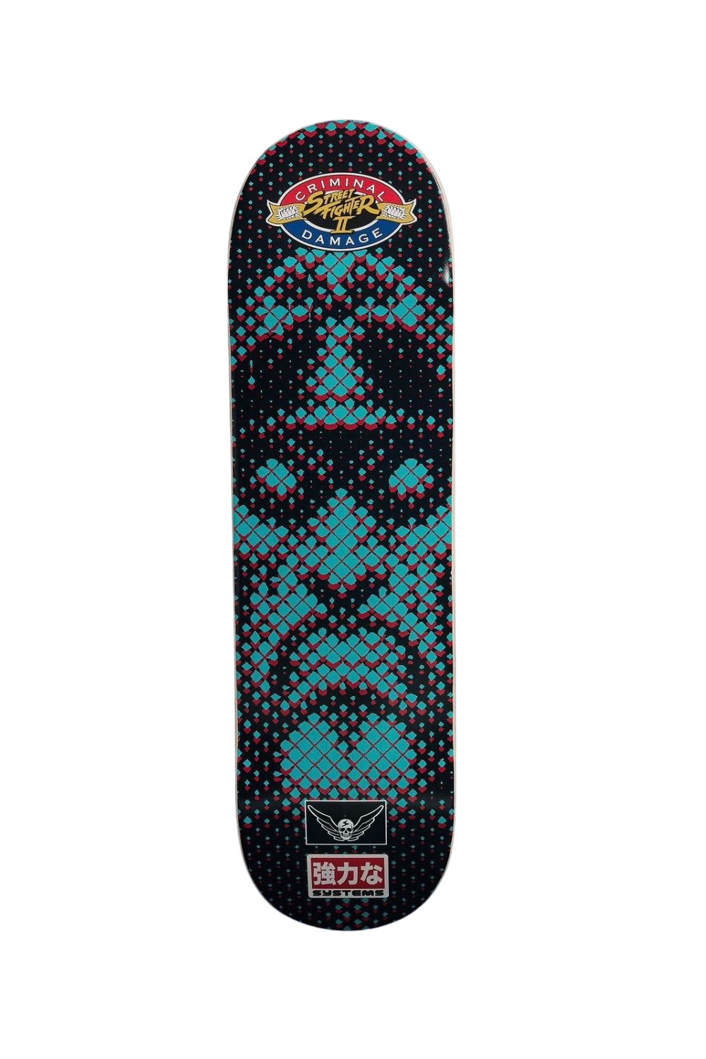 A Criminal Damage x Street Fighter skateboard deck featuring a black background with a pixelated, geometric pattern in teal and red.