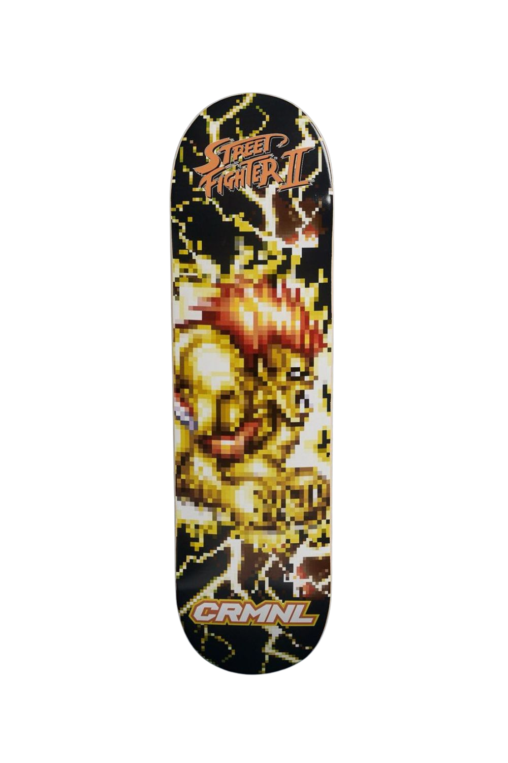 A skateboard deck featuring a pixel art design of a yellow and red character on a black background, with 'Street Fighter II' text at the top and 'CRIMINAL DAMAGE' at the bottom.