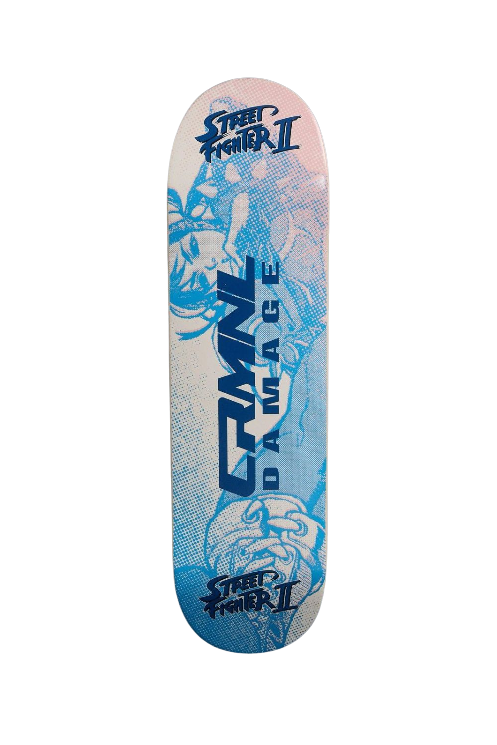A Criminal Damage x Street Fighter skateboard deck featuring Street Fighter II character artwork, set against a clean white background.