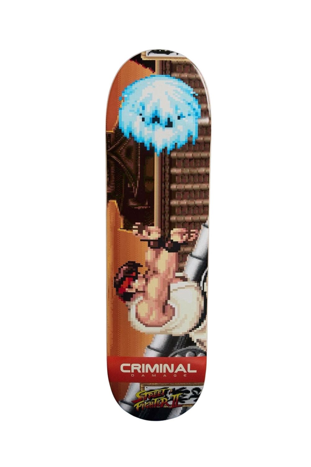 A skateboard deck featuring a pixel art graphic of a street fighter character with a glowing blue head against a brown background, with the word 'CRIMINAL DAMAGE' in white on a red banner near the bottom.