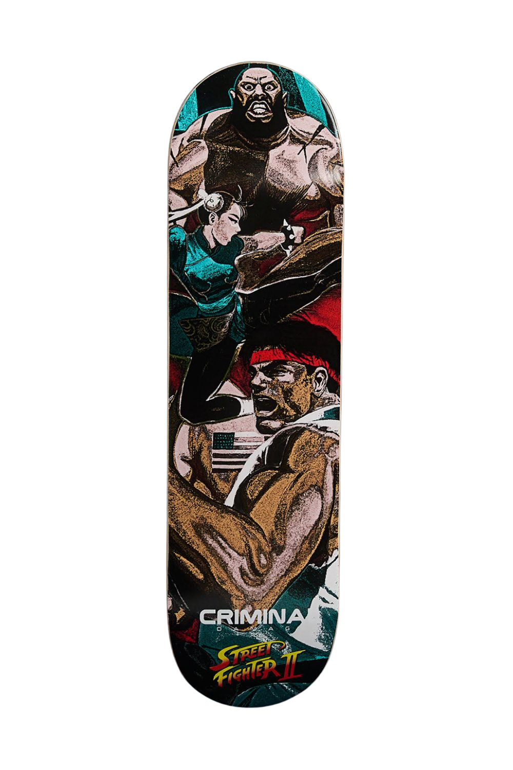 A skateboard deck featuring a detailed graphic print of Street Fighter II character artwork, with the 'CRIMINAL DAMAGE' and 'Street Fighter II' logos at the bottom, shown against a plain white background.