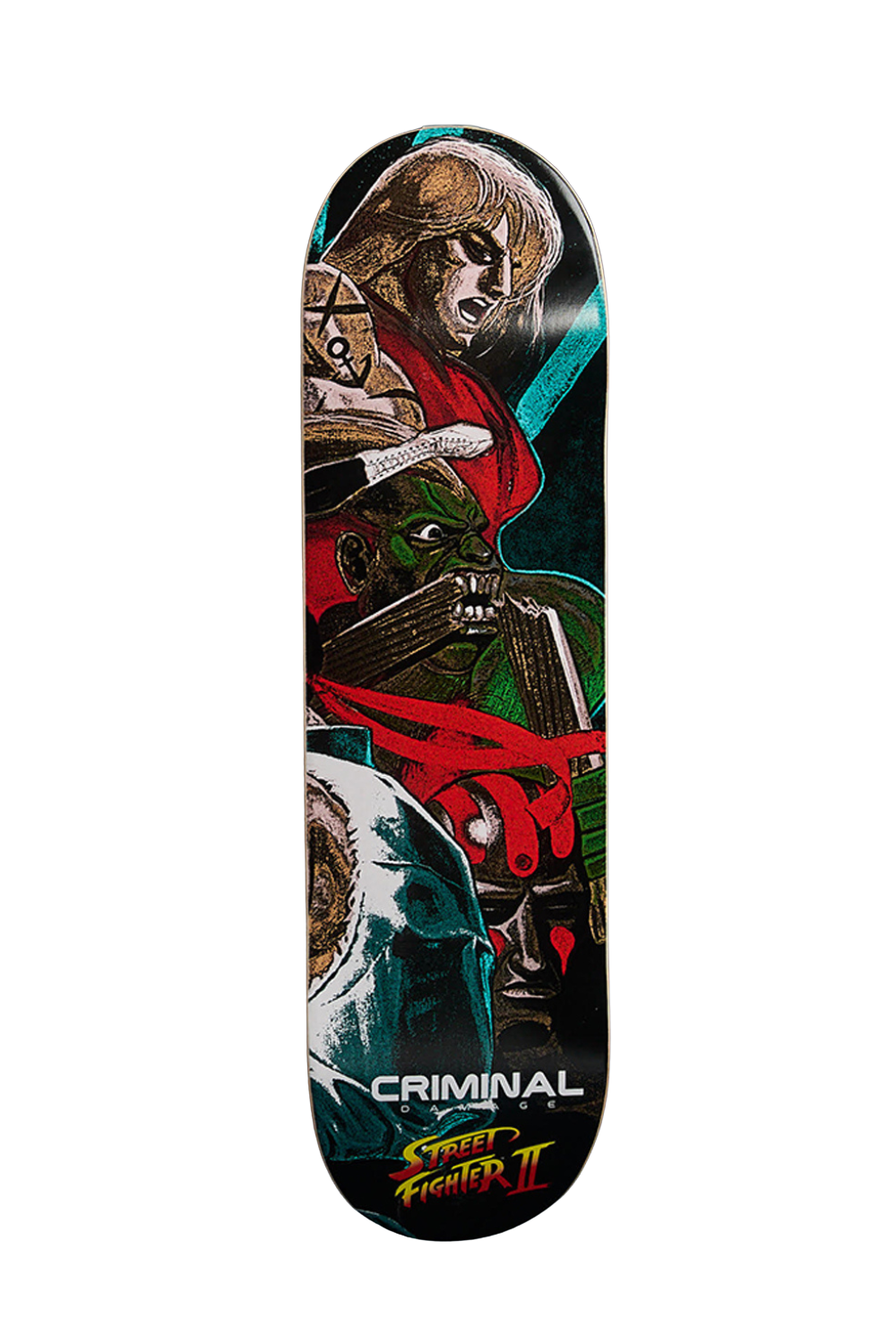 A skateboard deck featuring a detailed graphic print from the Criminal Damage x Street Fighter II collaboration, showing stylized characters in red, green, and black tones on a white background.