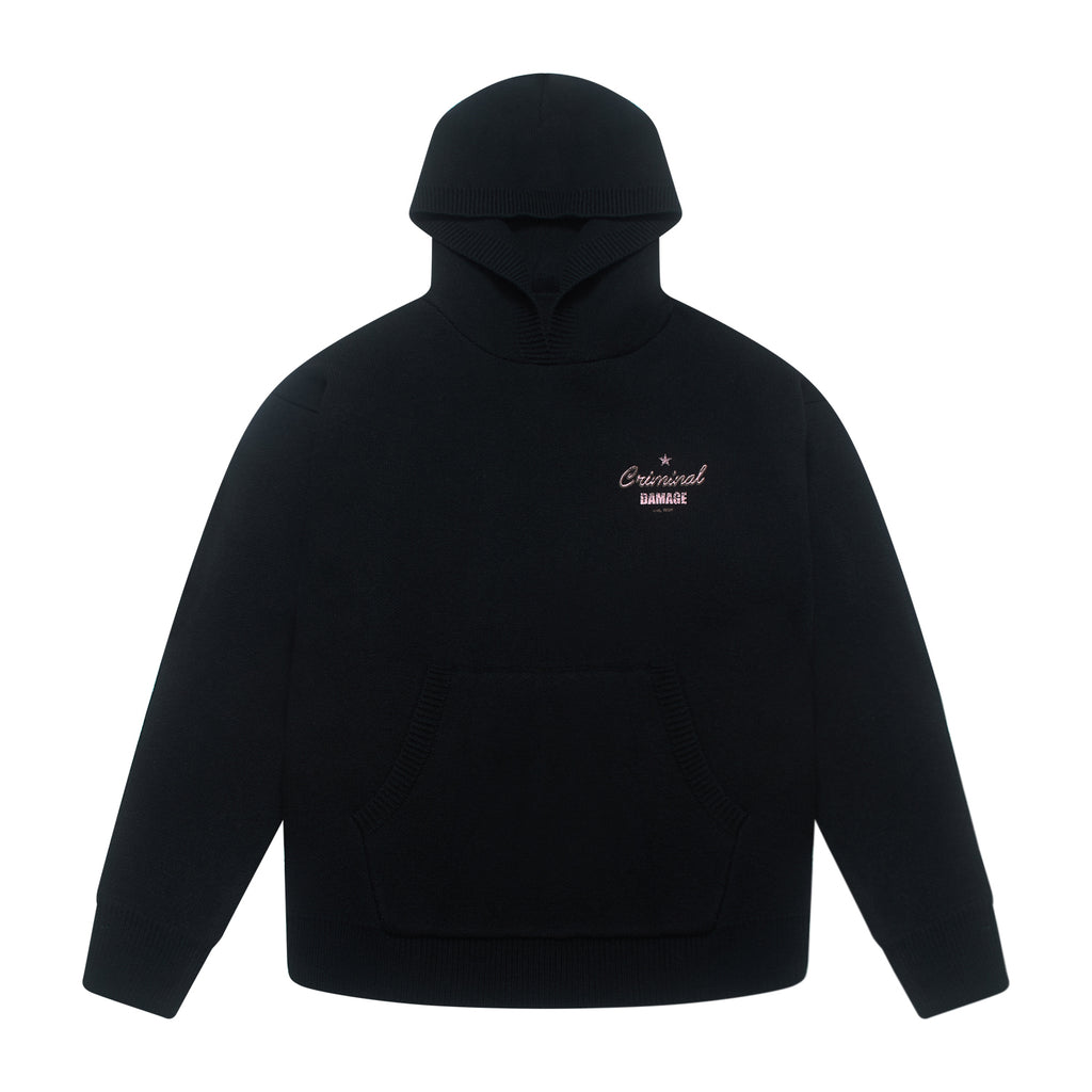 Black hoodie with a small logo on the chest against a white background