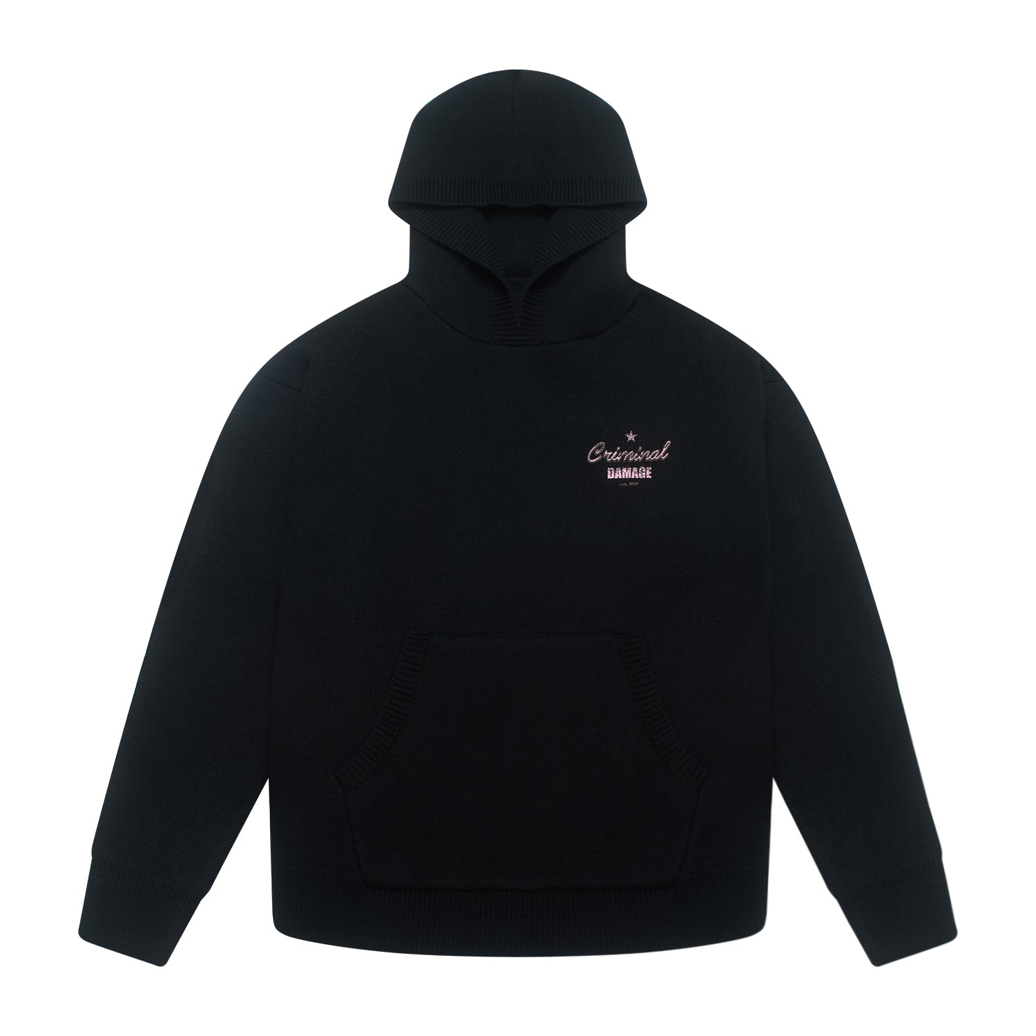 Black hoodie with a small logo on the chest against a white background