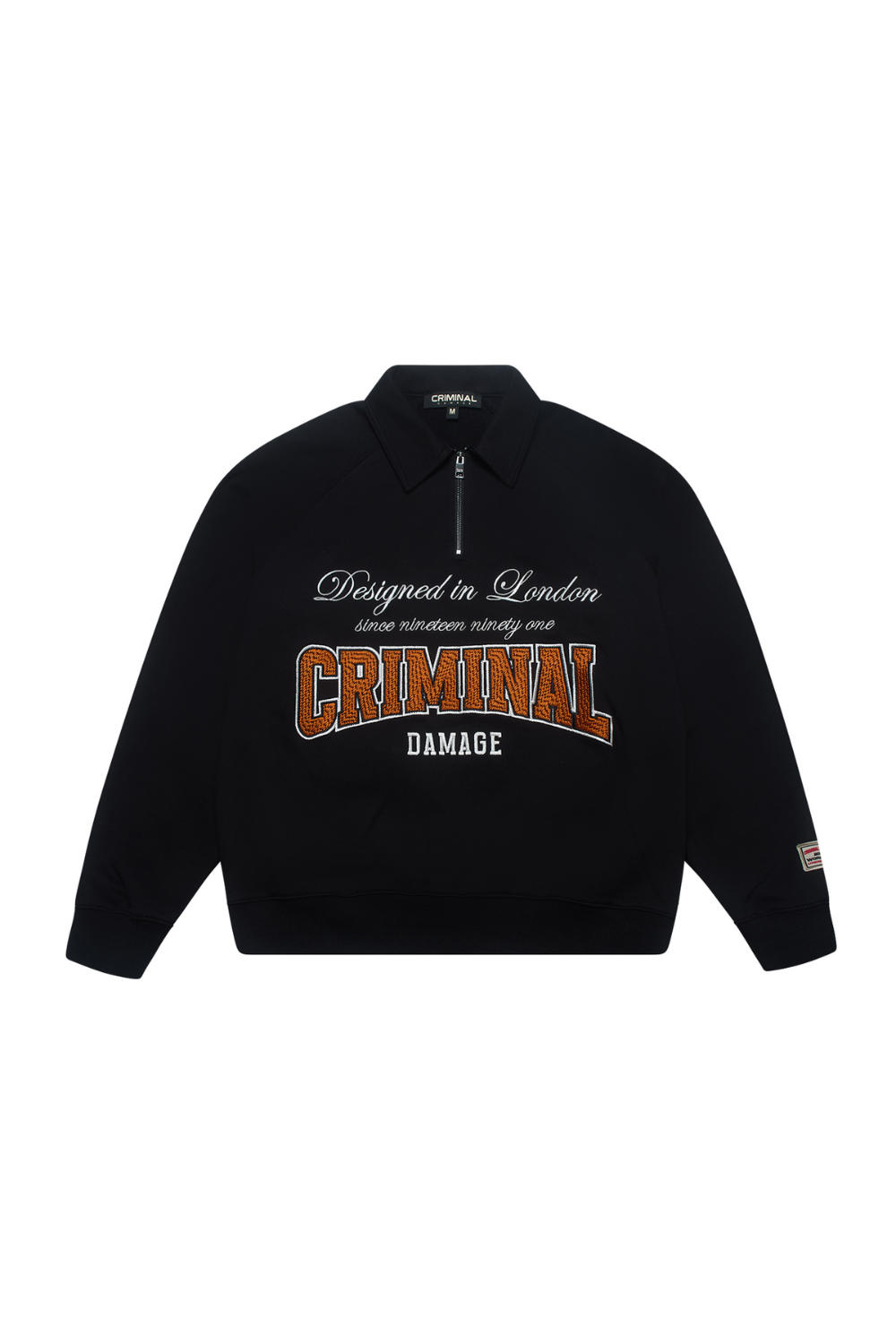 Black jacket with 'Criminal Damage' text on a white background