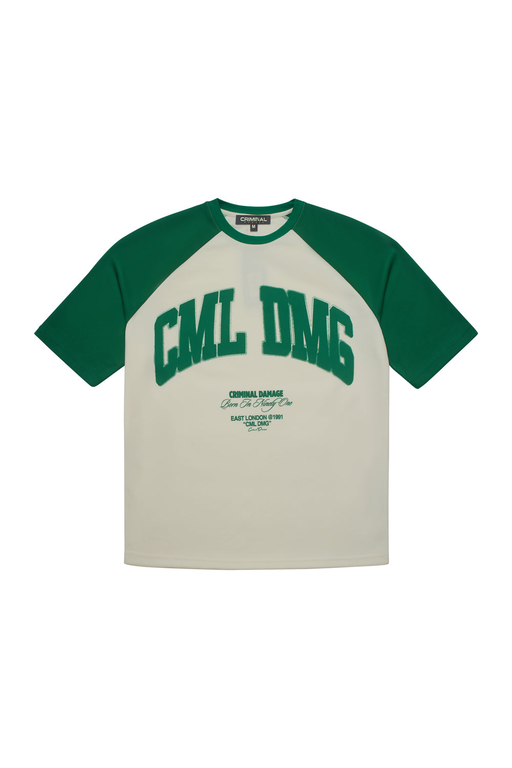 Criminal Damage t-shirt with green sleeves and text on a white background