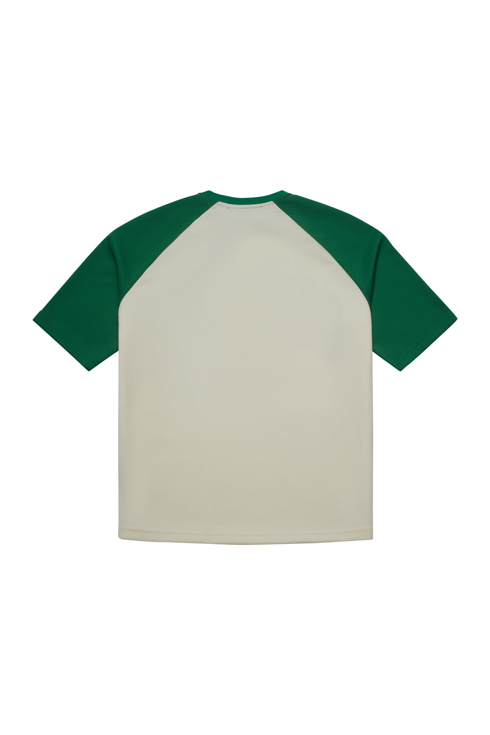 Criminal Damage t-shirt with green sleeves and cream body on a white background